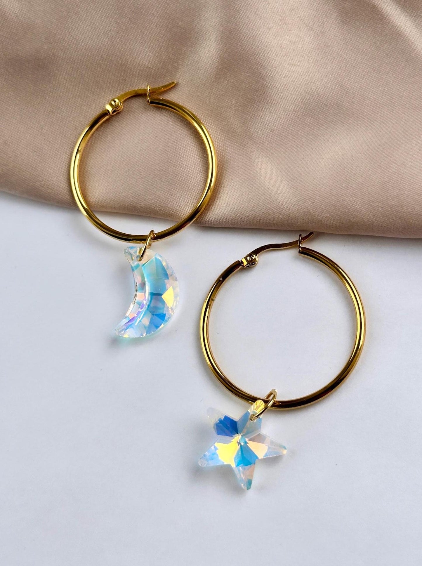Star And Moon Hoop Earrings, Gold Celestial Earrings, Aurora Borealis Earrings, Asymmetrical Earrings, Gold Hoops, Crystal Star Earrings