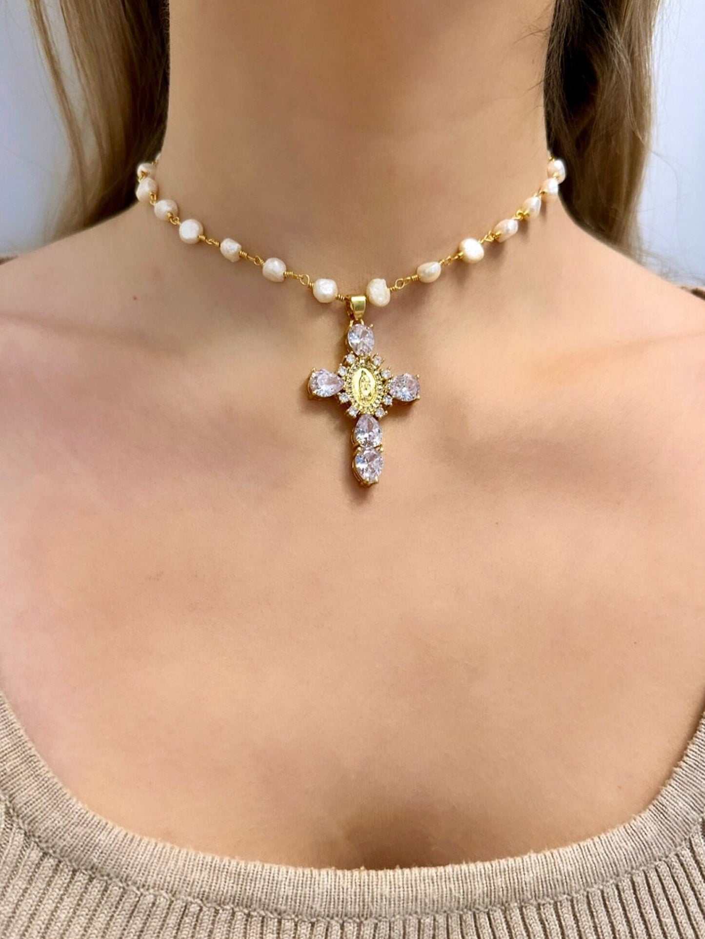 Freshwater Pearl Cross Necklace - Statement Cross Pearl Necklace - Pearl Bead Cross Necklace, Gold Filled CZ Cross Pendant, CZ Cross Pendant