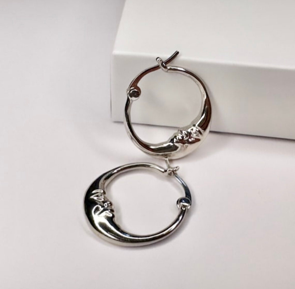 Moon Hoop Earrings, Silver Moon Earrings, Moon Hoops, Moon Goddess, Small Silver Hoops, Moon Huggie Earrings, Mini Hoop Earrings