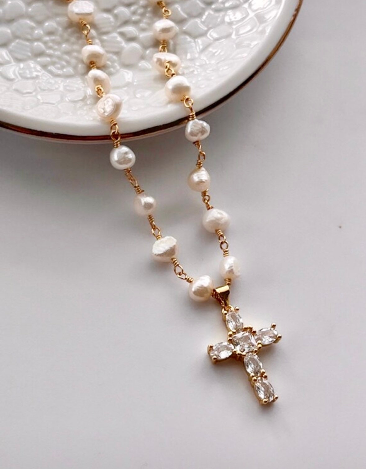 Freshwater Pearl Cross Necklace - Statement Cross Pearl Necklace - Pearl Bead Cross Necklace, Gold Filled CZ Cross Pendant, CZ Cross Pendant