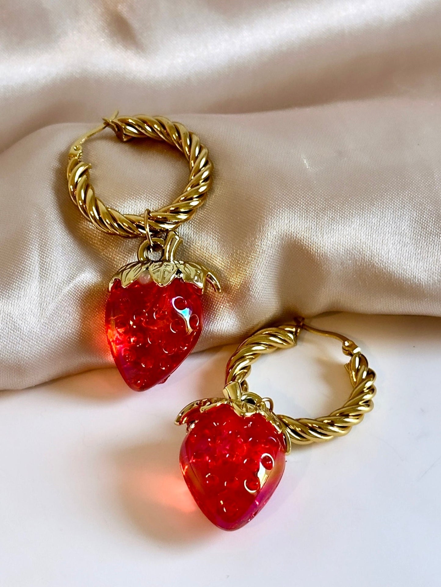 Strawberry Hoops, Gold Twist Hoop Earrings Tarnish Free, Red Strawberry Earrings, 2 in 1 Earrings That Convert, Strawberry Dangle Earrings