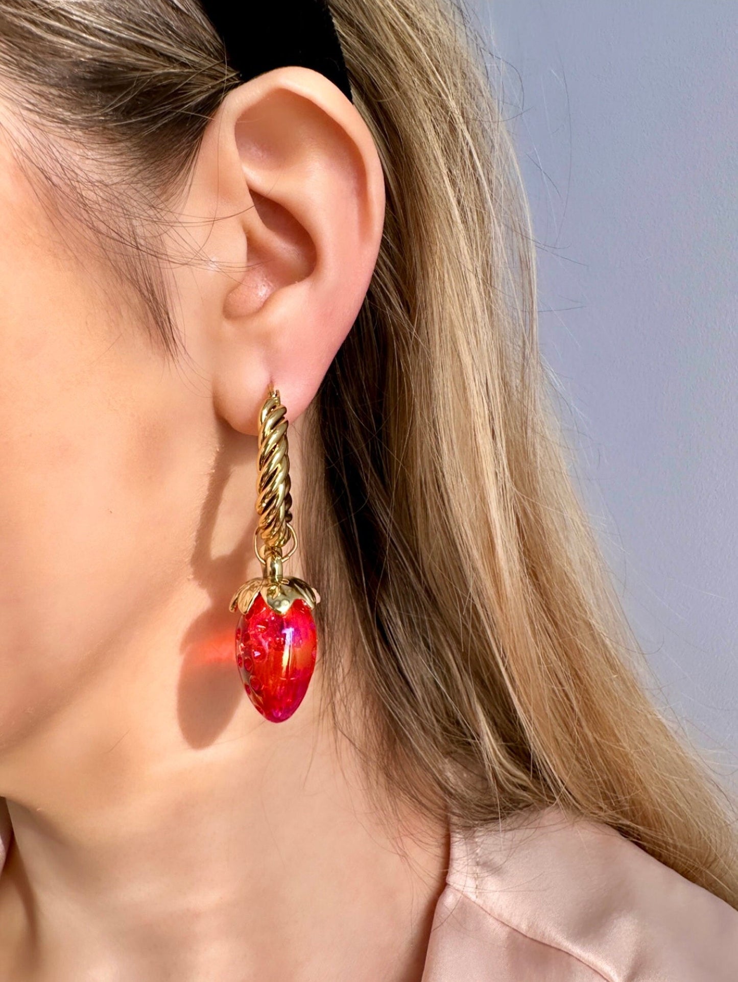 Strawberry Hoops, Gold Twist Hoop Earrings Tarnish Free, Red Strawberry Earrings, 2 in 1 Earrings That Convert, Strawberry Dangle Earrings