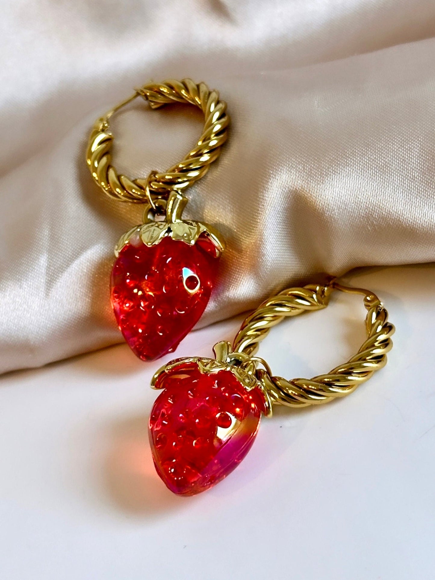 Strawberry Hoops, Gold Twist Hoop Earrings Tarnish Free, Red Strawberry Earrings, 2 in 1 Earrings That Convert, Strawberry Dangle Earrings