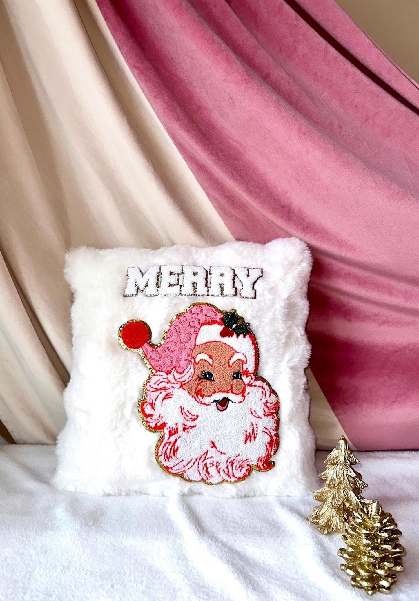 Retro Santa Pillow, White Christmas Pillows, Merry Pillow, White Fur Pillow, Christmas Cushions And Cover, Faux Fur Cushion, Christmas Decor