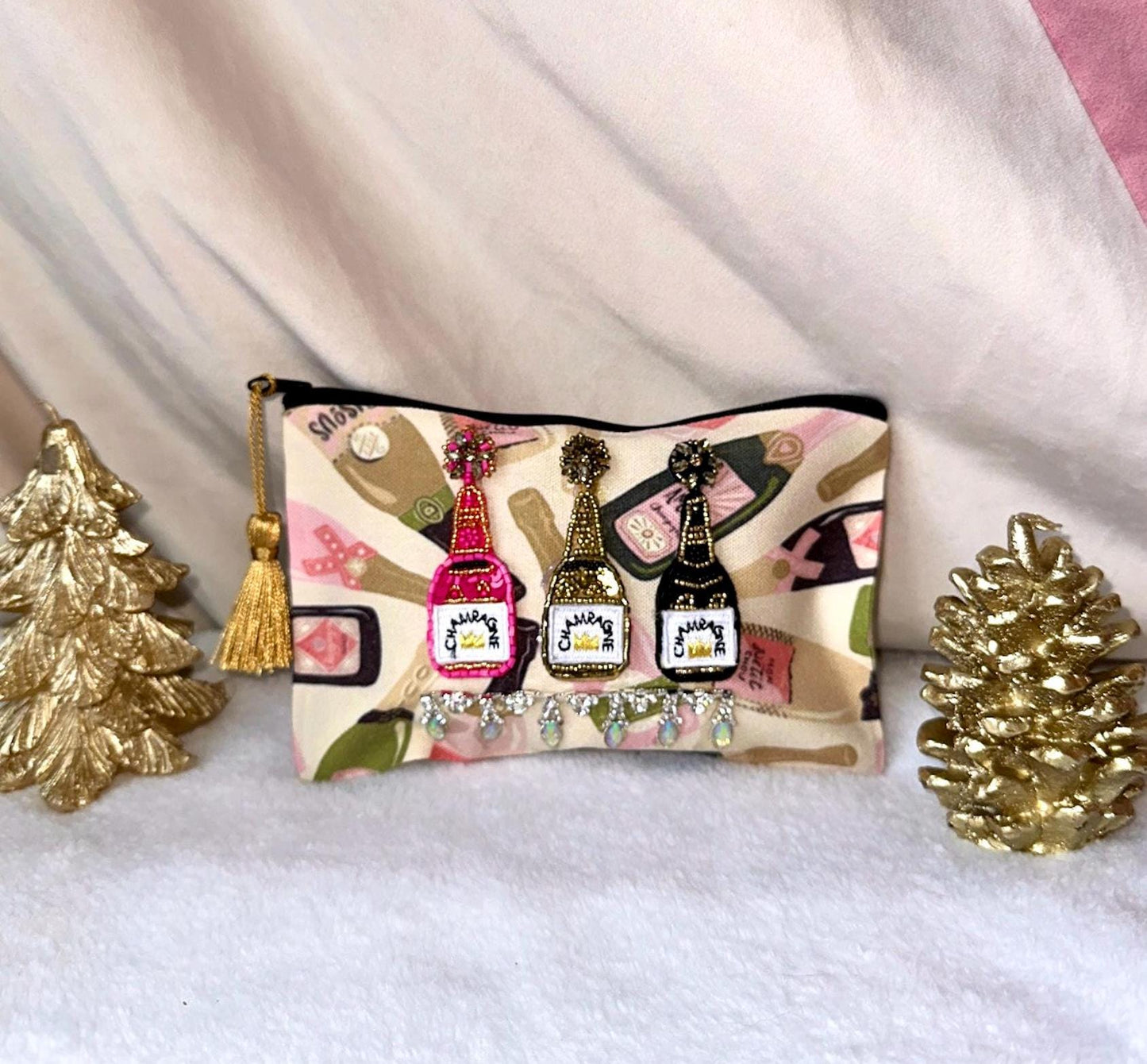 Champagne Purse, Bride Make Up Bag, Champagne Makeup Bag, Canvas Makeup Pouch, New Year's Bag, Hangover Kit Bags, Bachelorette Bags NYE gift
