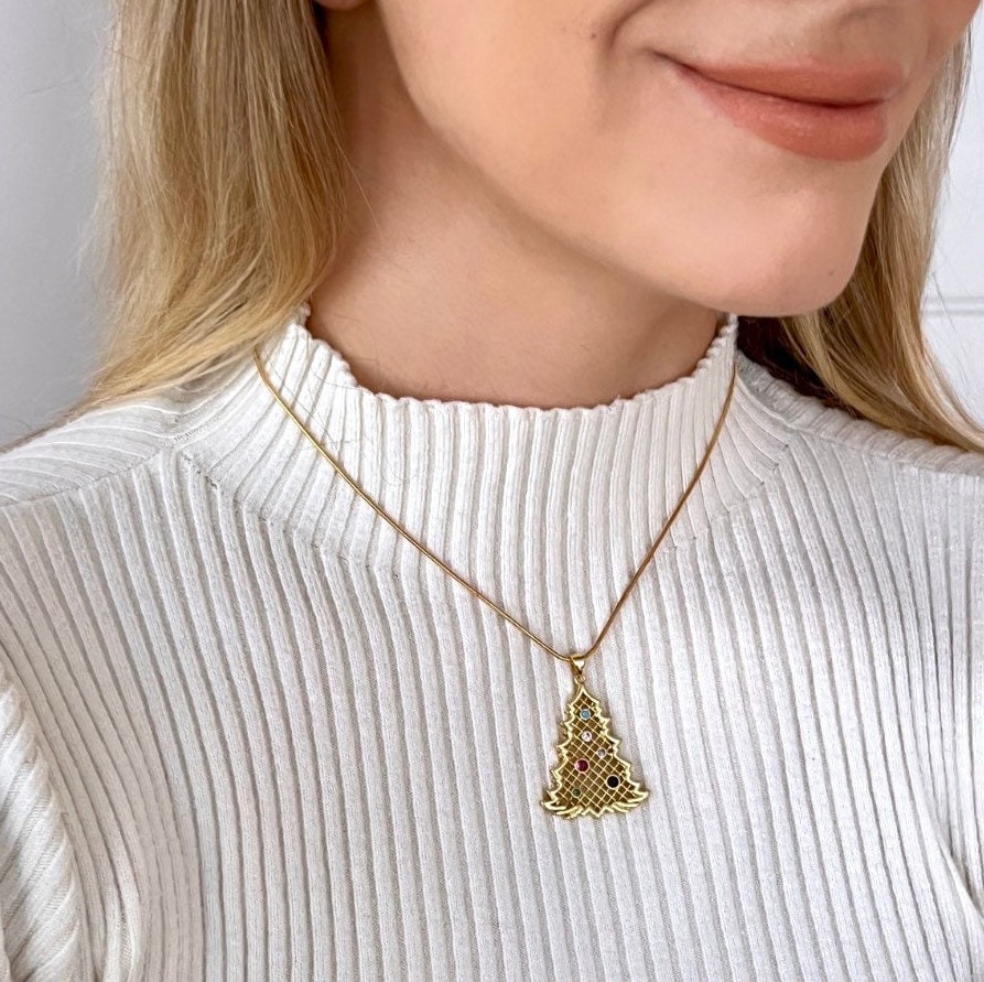 Gold Christmas Tree Necklace, Gold Tree Necklace, Holiday Pendant Necklace, Christmas Tree Necklace For Women, Pine Tree Necklace