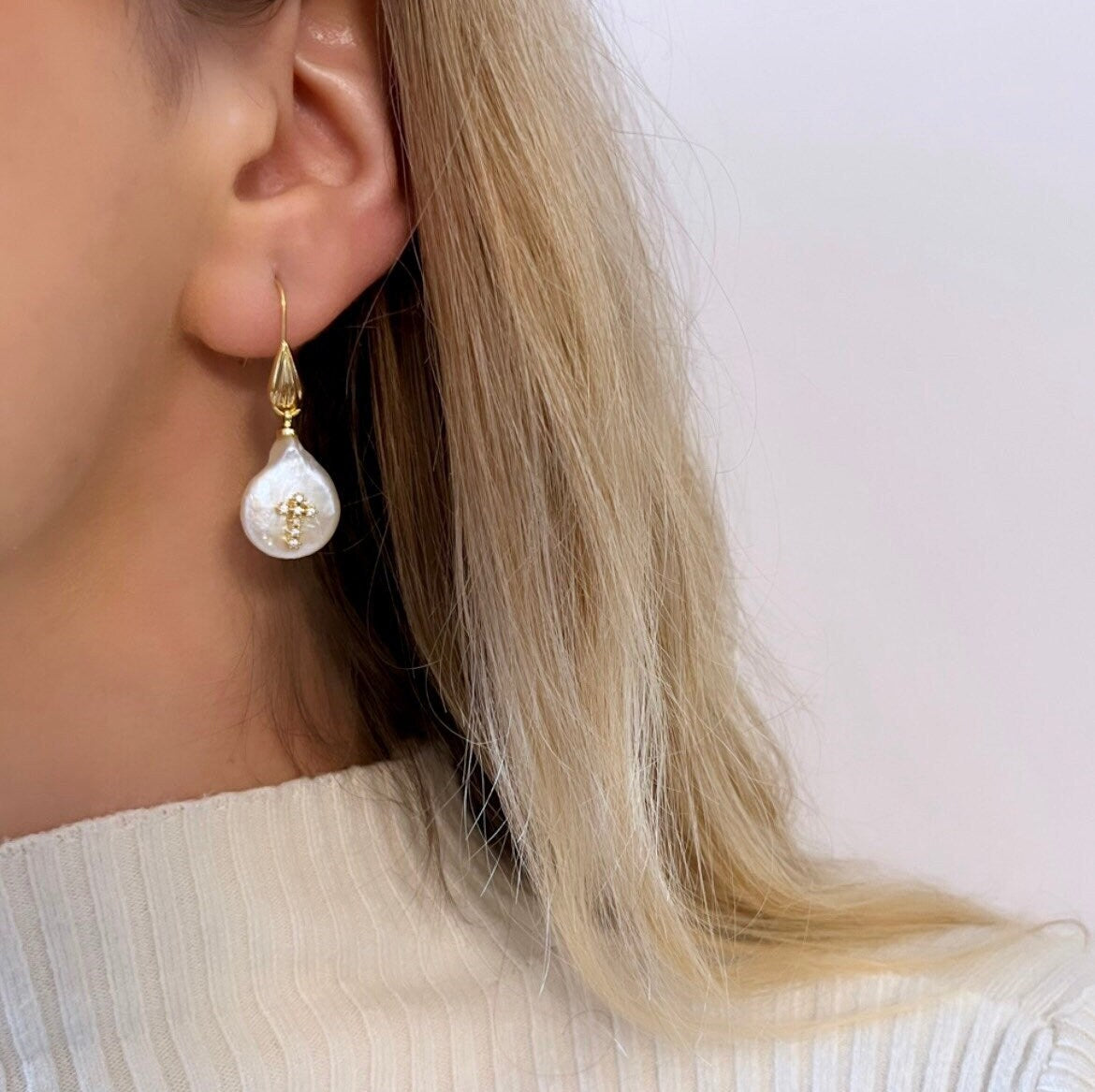 Pearl Cross Earrings, Tear Drop Pearl Earrings, Tiny Cross Earrings, Pearl Drop Earrings Gold, Gold Cross Earrings, Easter Earrings