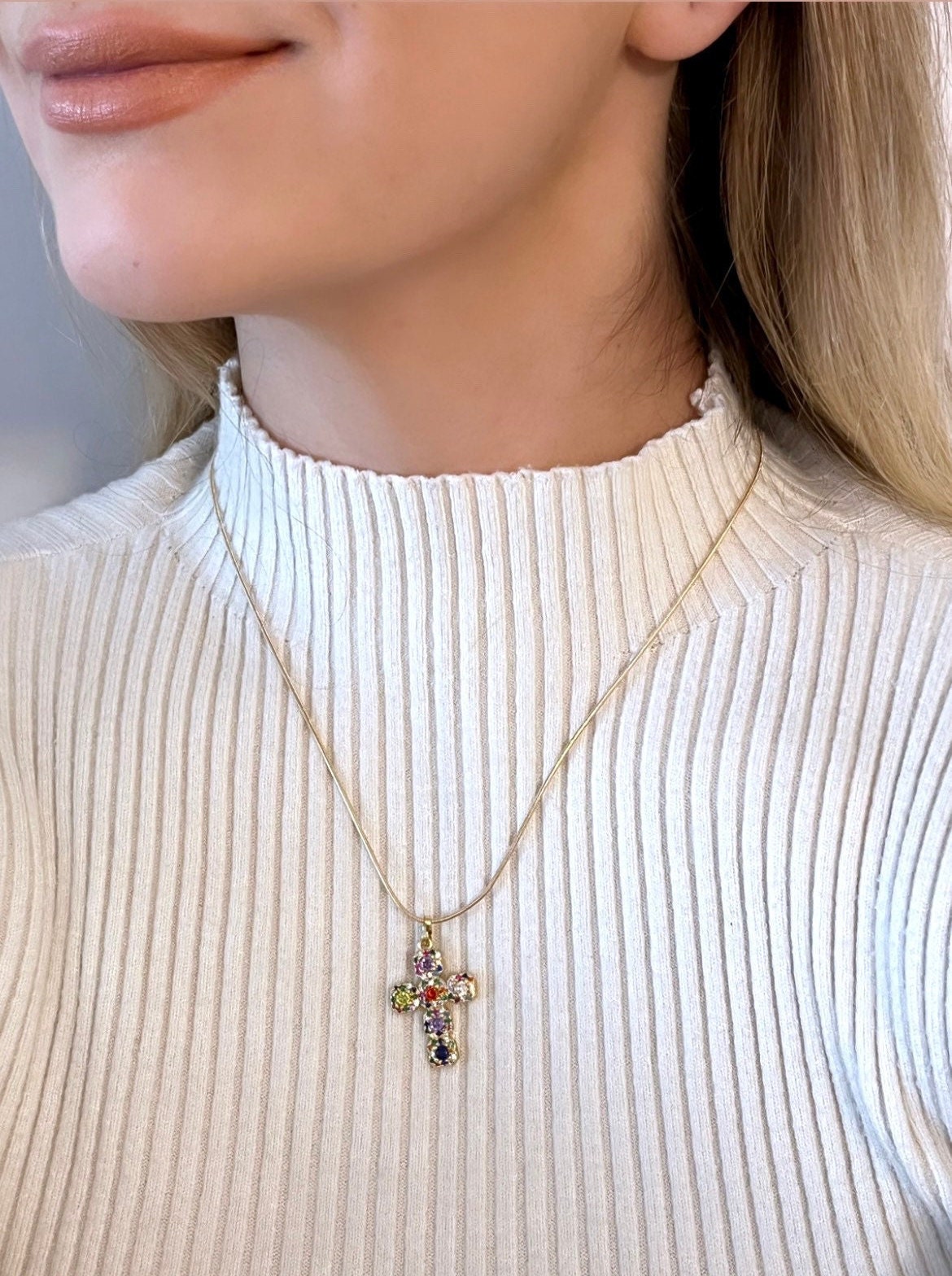 18K Gold Cross Necklace, Renaissance Cross Necklace, Multicolor Pendant Necklace, Gold Filled Cross Necklace For Women, Medieval Cross
