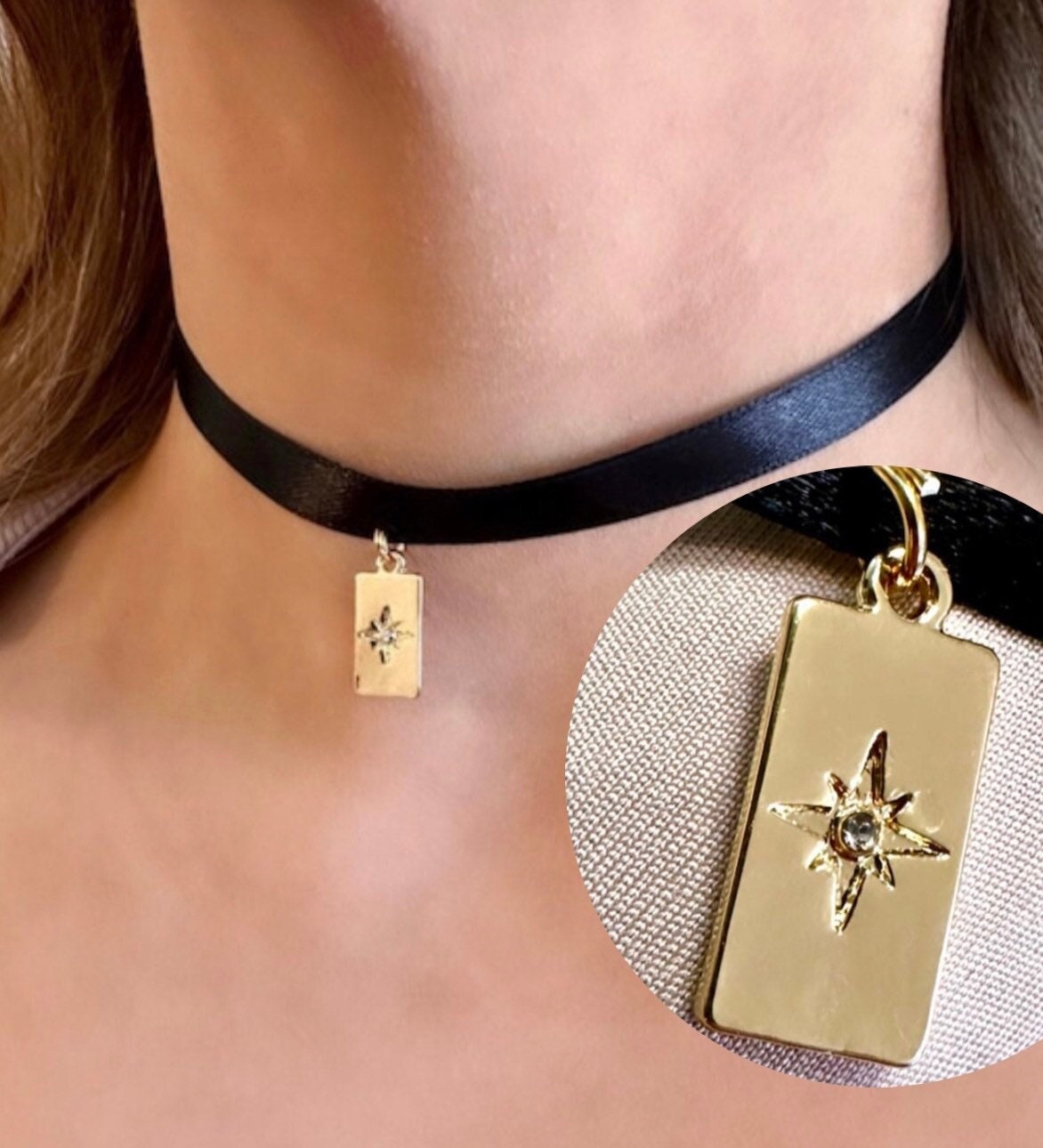 North Star Necklace, Star Choker, Gold Star Necklace, Black Choker Necklace, Starburst Necklace, Star Necklace, Celestial Necklace