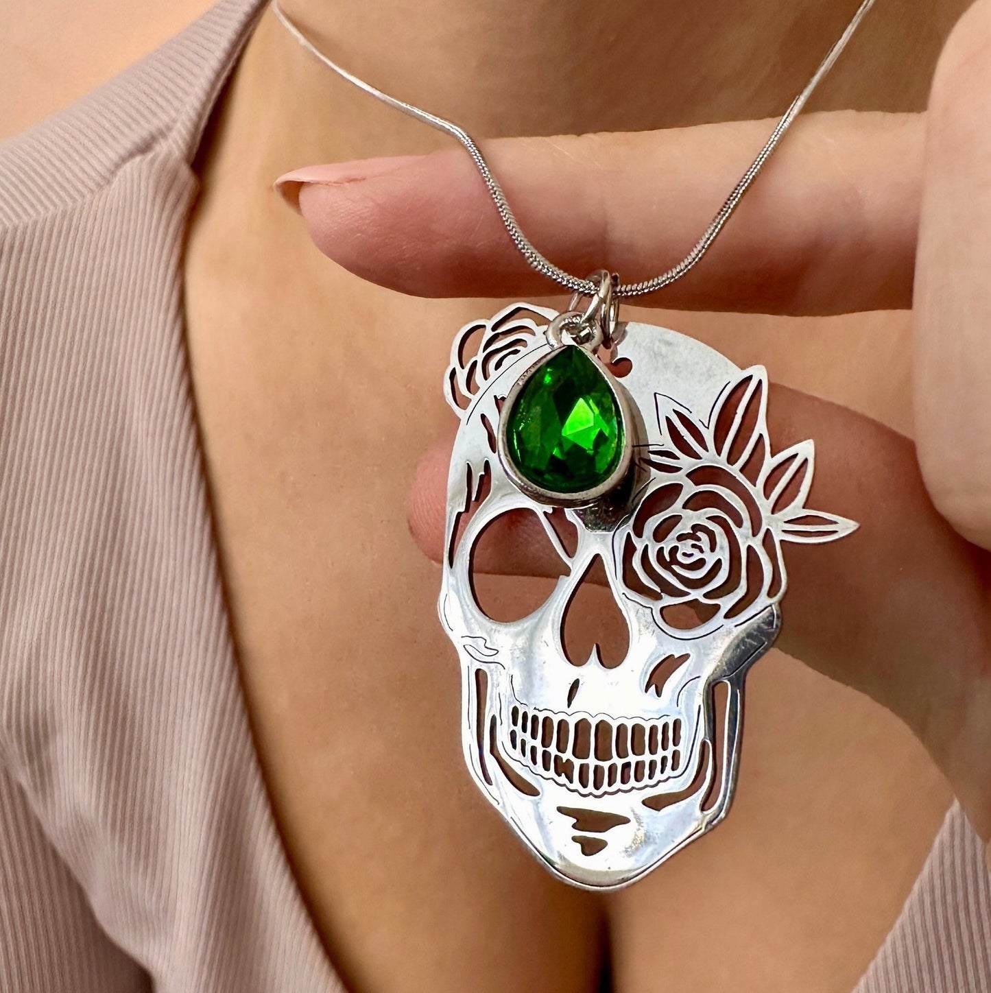 Silver Skull Pendant Necklace, Sugar Skull Necklace, Birth Stone Necklace, Skeleton Pendant, Skeleton Necklace, Custom Birthday Gift For Her