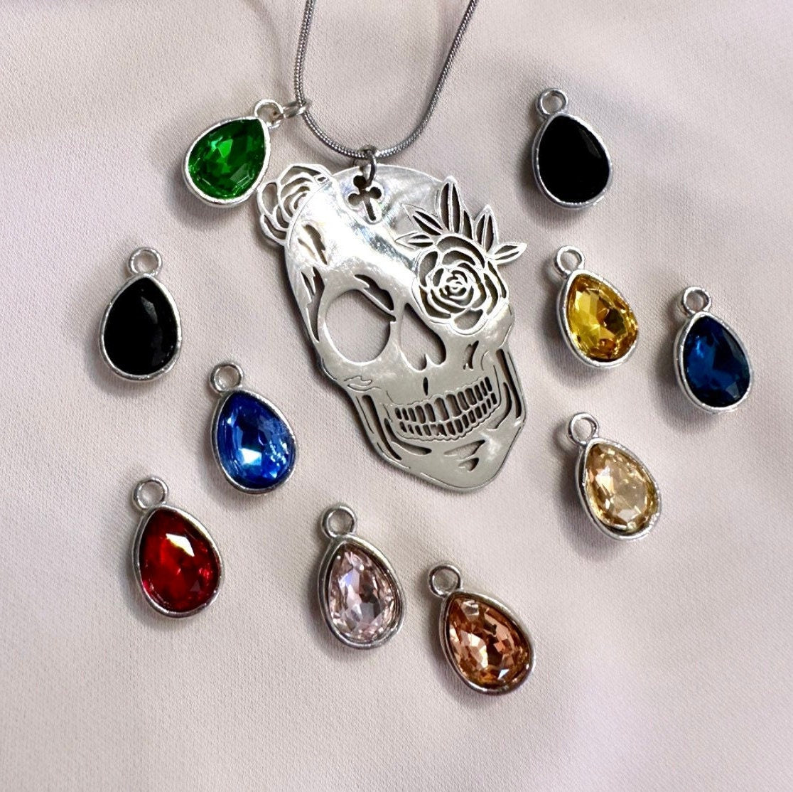 Silver Skull Pendant Necklace, Sugar Skull Necklace, Birth Stone Necklace, Skeleton Pendant, Skeleton Necklace, Custom Birthday Gift For Her