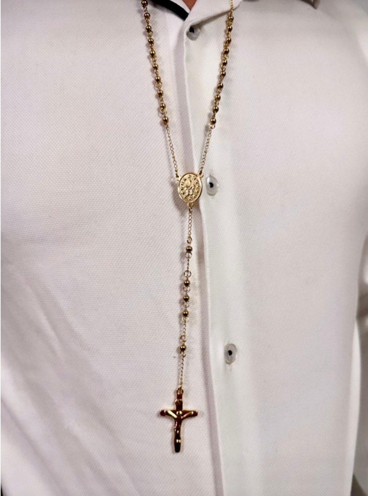 Stainless Steel Rosary - Long Gold Rosary - Men's Gold Rosary - Men's Gold Beaded Rosary - Men's Steel Rosary - Long Gold Religious Necklace