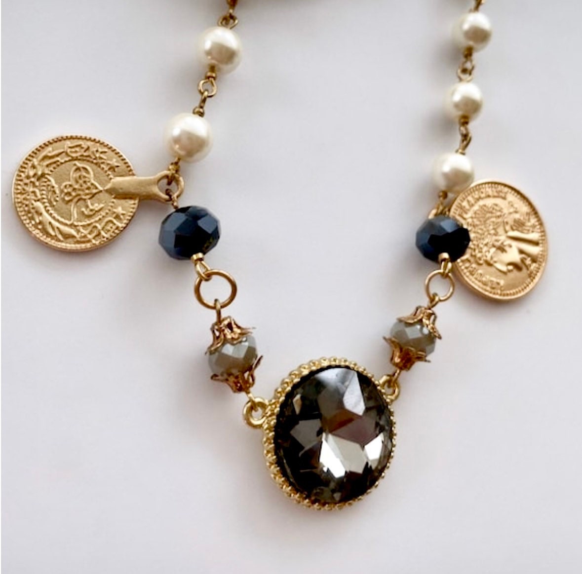 Gold Coin Pearl Necklace, Ancient Roman Coin Pendant, Ancient Roman Jewelry, Boho Pearl Necklace, Black Rhinestone Pendant Necklace