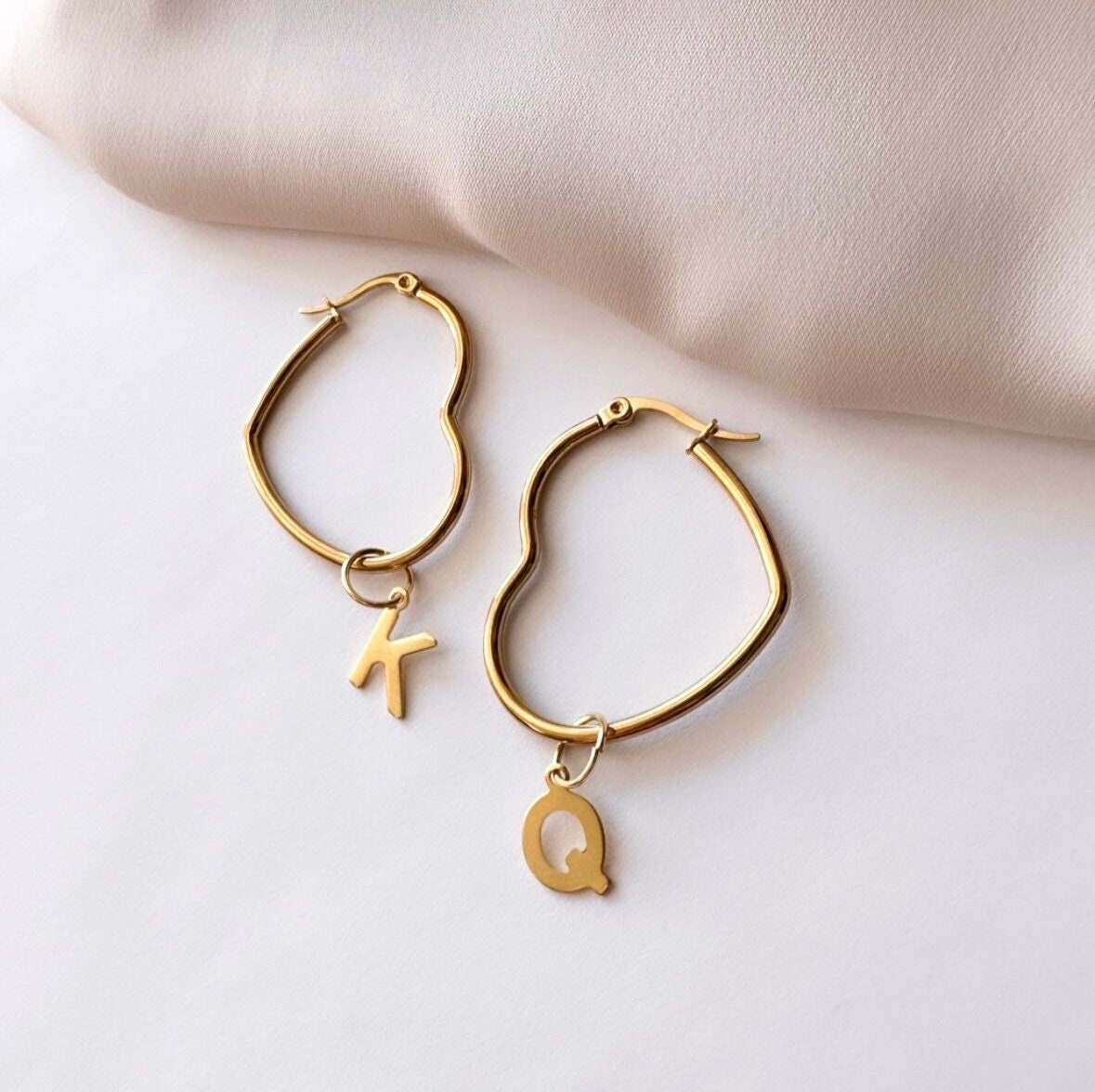 Custom Hoop Earrings, Heart Hoop Earrings Gold, Letter Dangle Earrings, Custom Letter Earrings, Gold Initial Earrings, Gold Letter Earring,