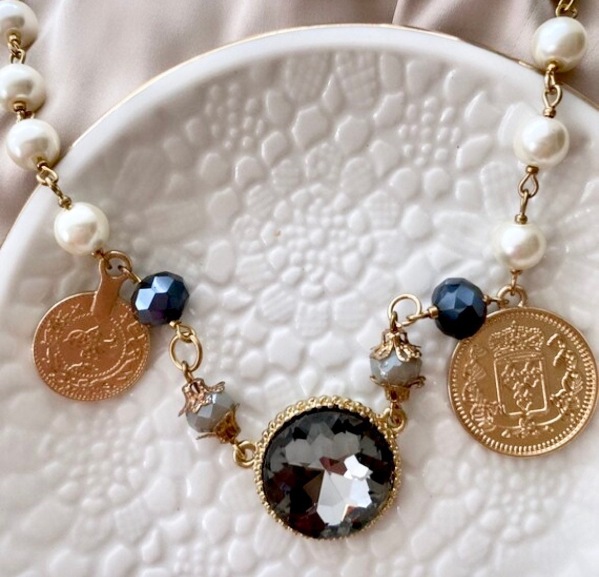 Gold Coin Pearl Necklace, Ancient Roman Coin Pendant, Ancient Roman Jewelry, Boho Pearl Necklace, Black Rhinestone Pendant Necklace