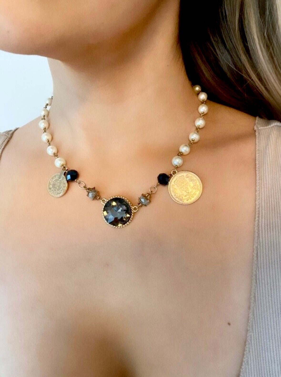 Gold Coin Pearl Necklace, Ancient Roman Coin Pendant, Ancient Roman Jewelry, Boho Pearl Necklace, Black Rhinestone Pendant Necklace