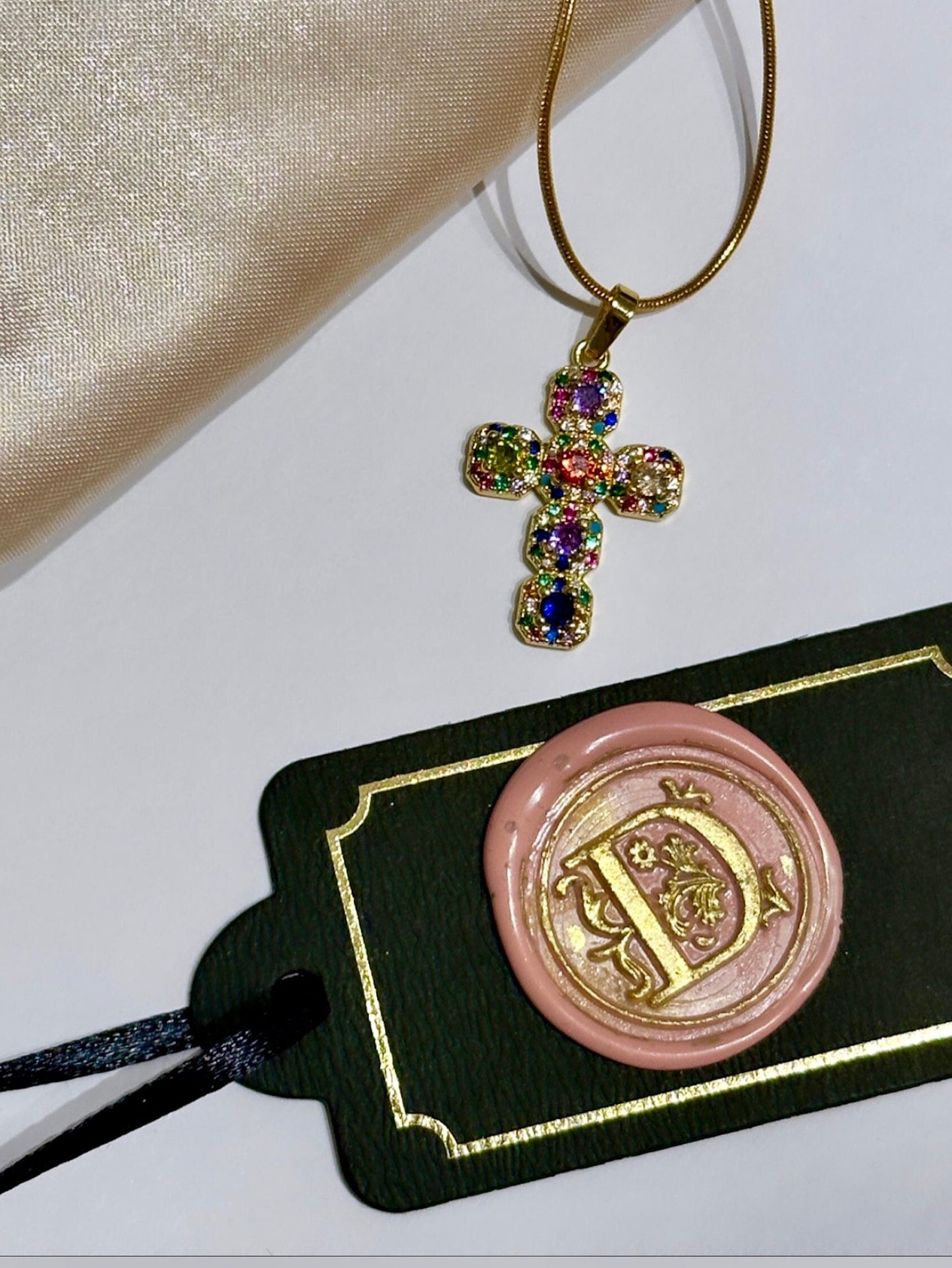 18K Gold Cross Necklace, Renaissance Cross Necklace, Multicolor Pendant Necklace, Gold Filled Cross Necklace For Women, Medieval Cross