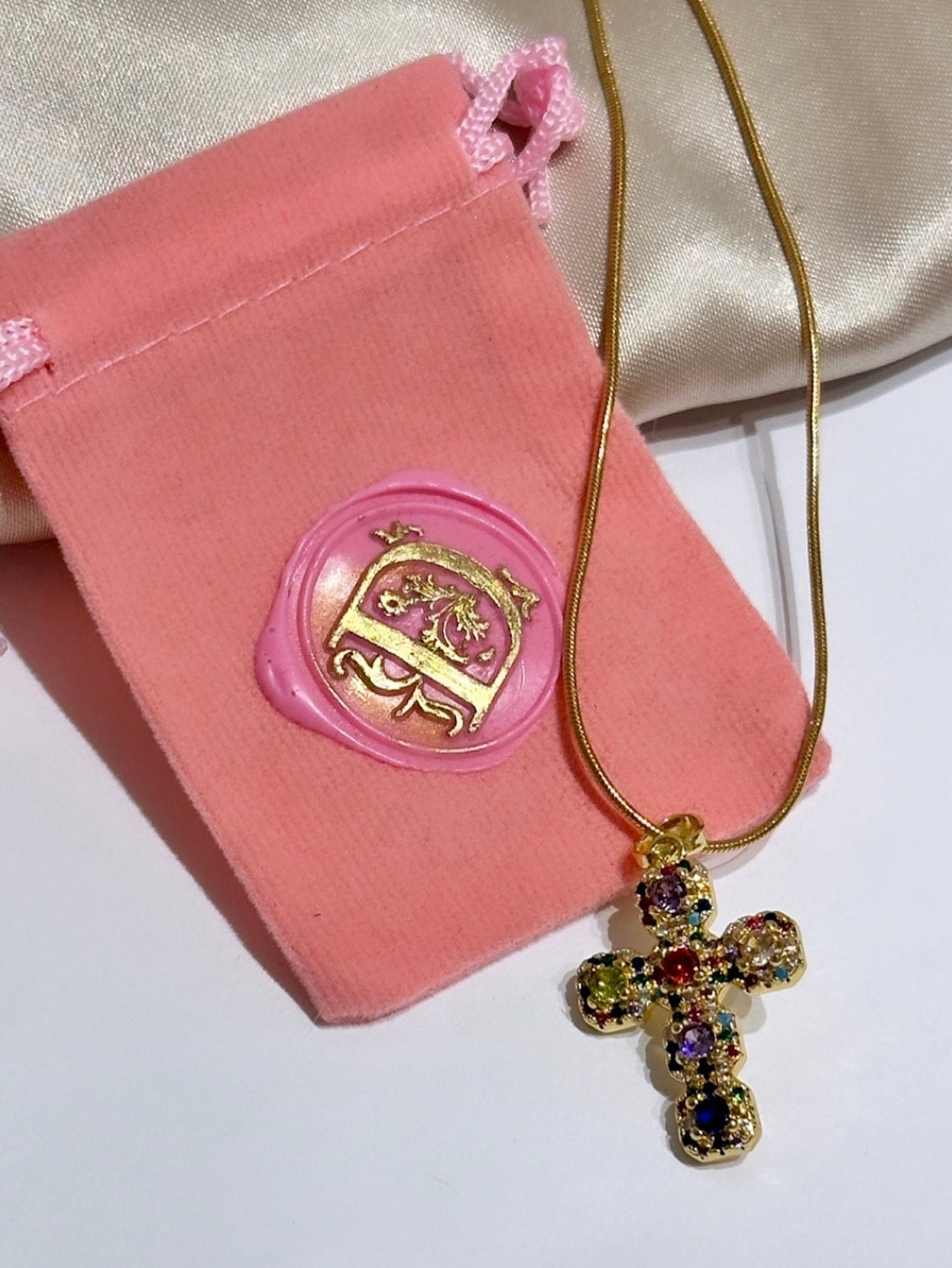 18K Gold Cross Necklace, Renaissance Cross Necklace, Multicolor Pendant Necklace, Gold Filled Cross Necklace For Women, Medieval Cross