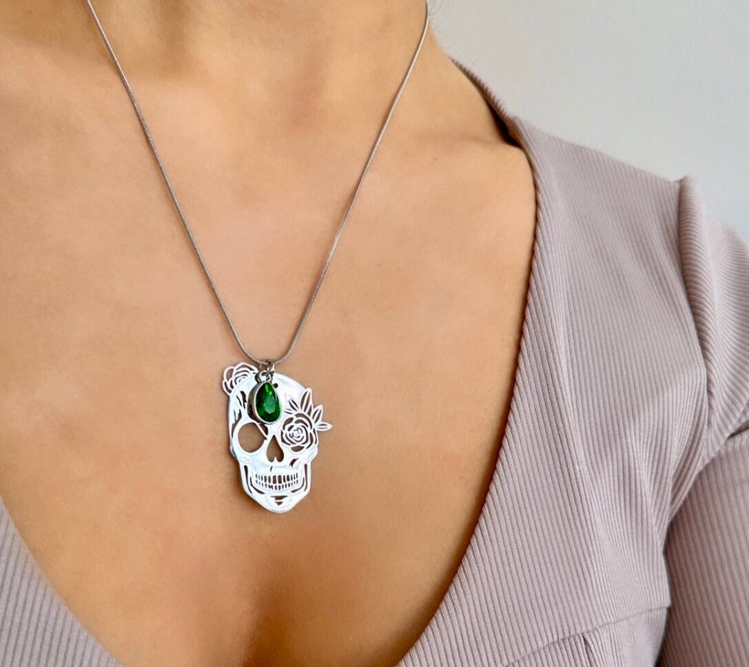 Silver Skull Pendant Necklace, Sugar Skull Necklace, Birth Stone Necklace, Skeleton Pendant, Skeleton Necklace, Custom Birthday Gift For Her