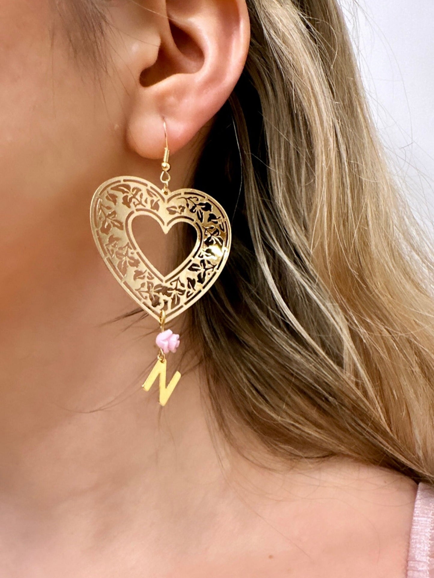 Filigree Heart Earrings, Initial Letter Earrings, Custom Valentine's Day Gift, Custom Heart Earring, Floral Heart Earrings, Unique Earrings