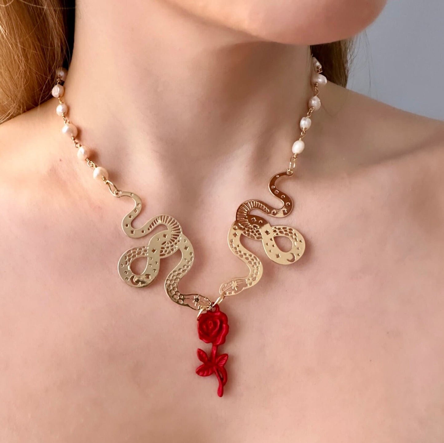 Gold Snake Necklace, Freshwater Pearl Necklace Beaded, Red Rose Necklace, Witch Necklace Gold, Statement Pearl Necklace, Snake Jewelry
