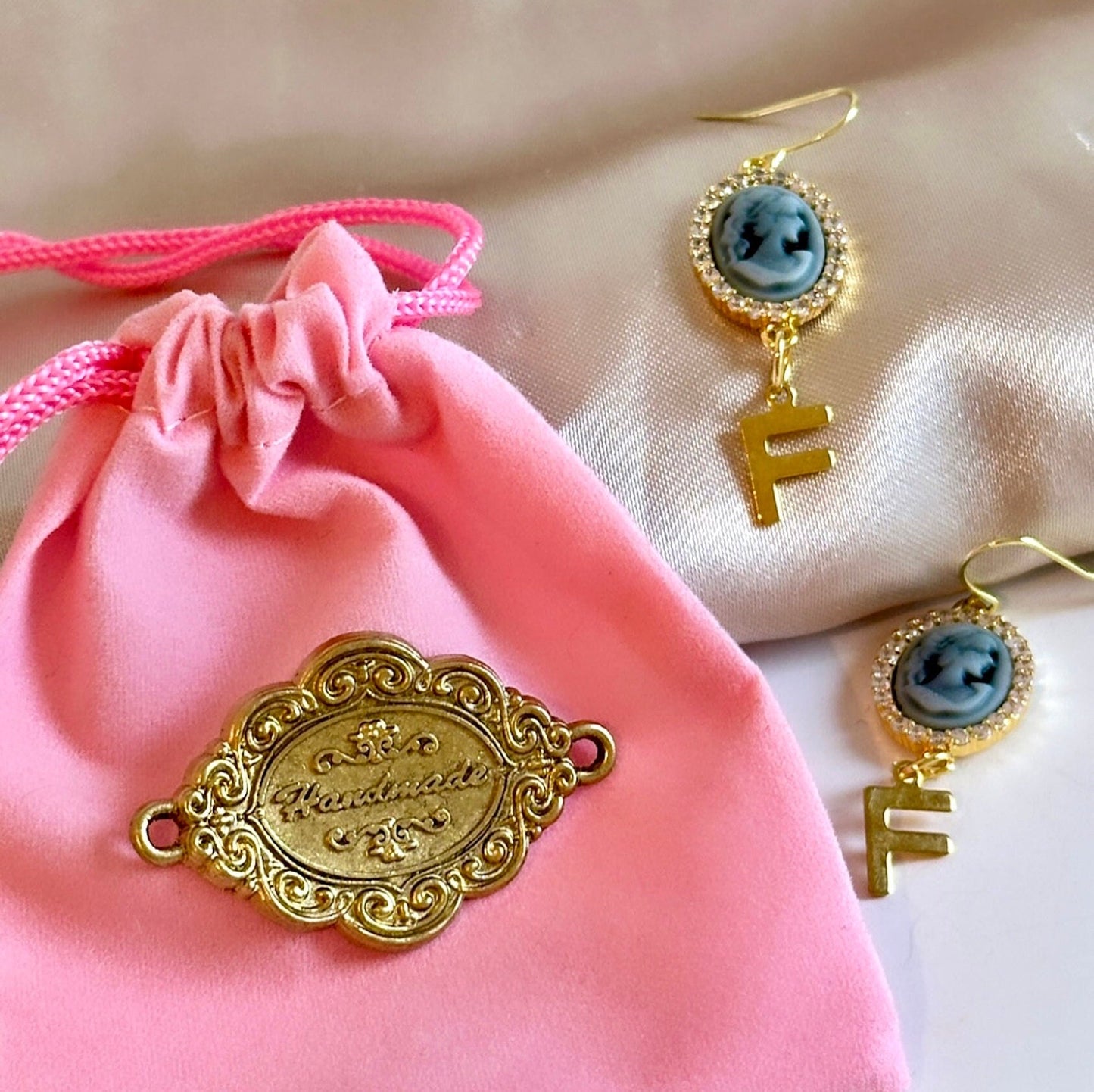 Blue Cameo Earrings, Personalized Letter Earrings, Victorian Cameo Earrings, Custom Initial Earrings, Antique Cameo Earrings, Vintage Gifts
