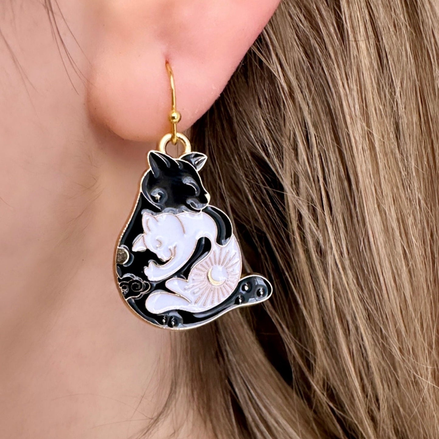 Black Cat Earrings, Cat Dangle Earrings, White Cat Earrings, Black And White Cat, Ying Yang Earrings, Cat Couple Gifts, Cat Jewelry