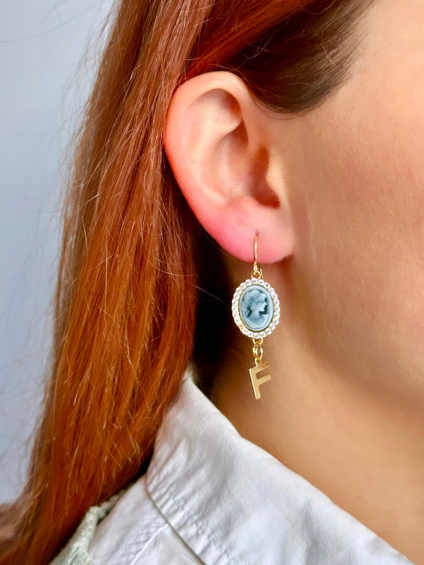 Blue Cameo Earrings, Personalized Letter Earrings, Victorian Cameo Earrings, Custom Initial Earrings, Antique Cameo Earrings, Vintage Gifts