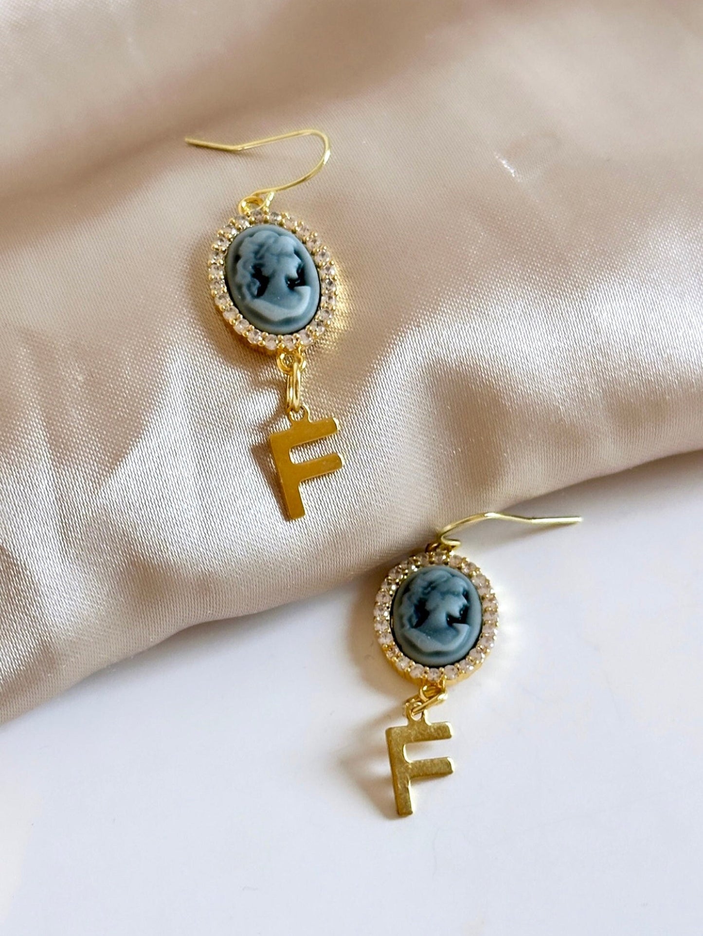 Blue Cameo Earrings, Personalized Letter Earrings, Victorian Cameo Earrings, Custom Initial Earrings, Antique Cameo Earrings, Vintage Gifts