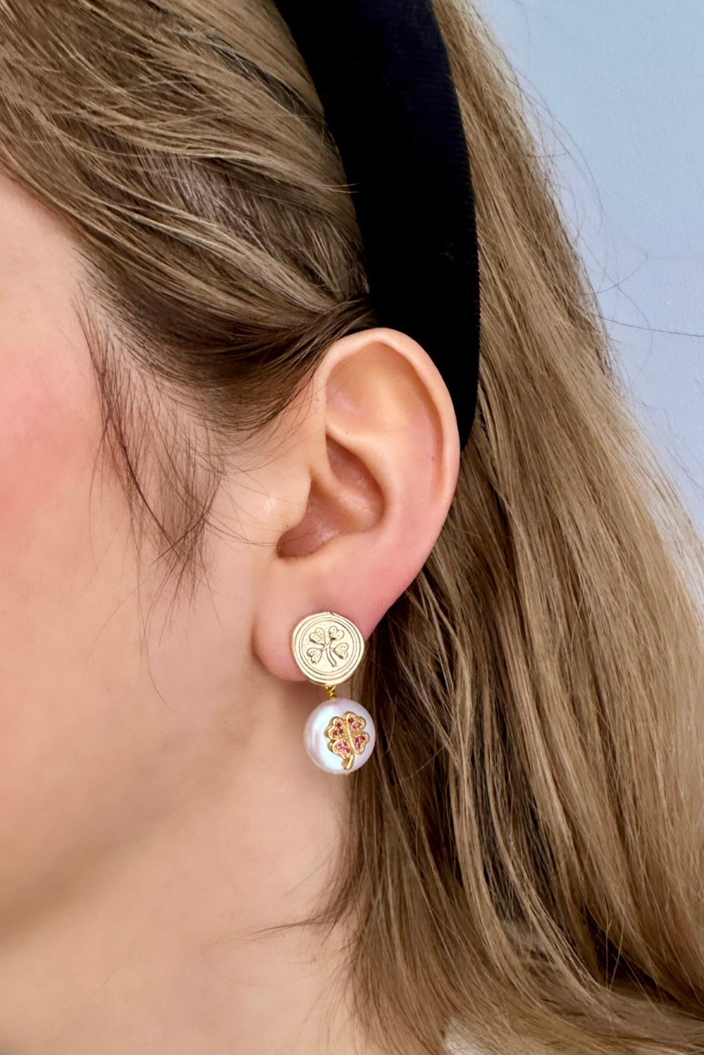 Pearl Clover Earrings, Pink Clover Earrings, St Patricks Earrings, Gold Shamrock Earrings, Gold Filled Clover Earrings, Pearl Drop Earrings