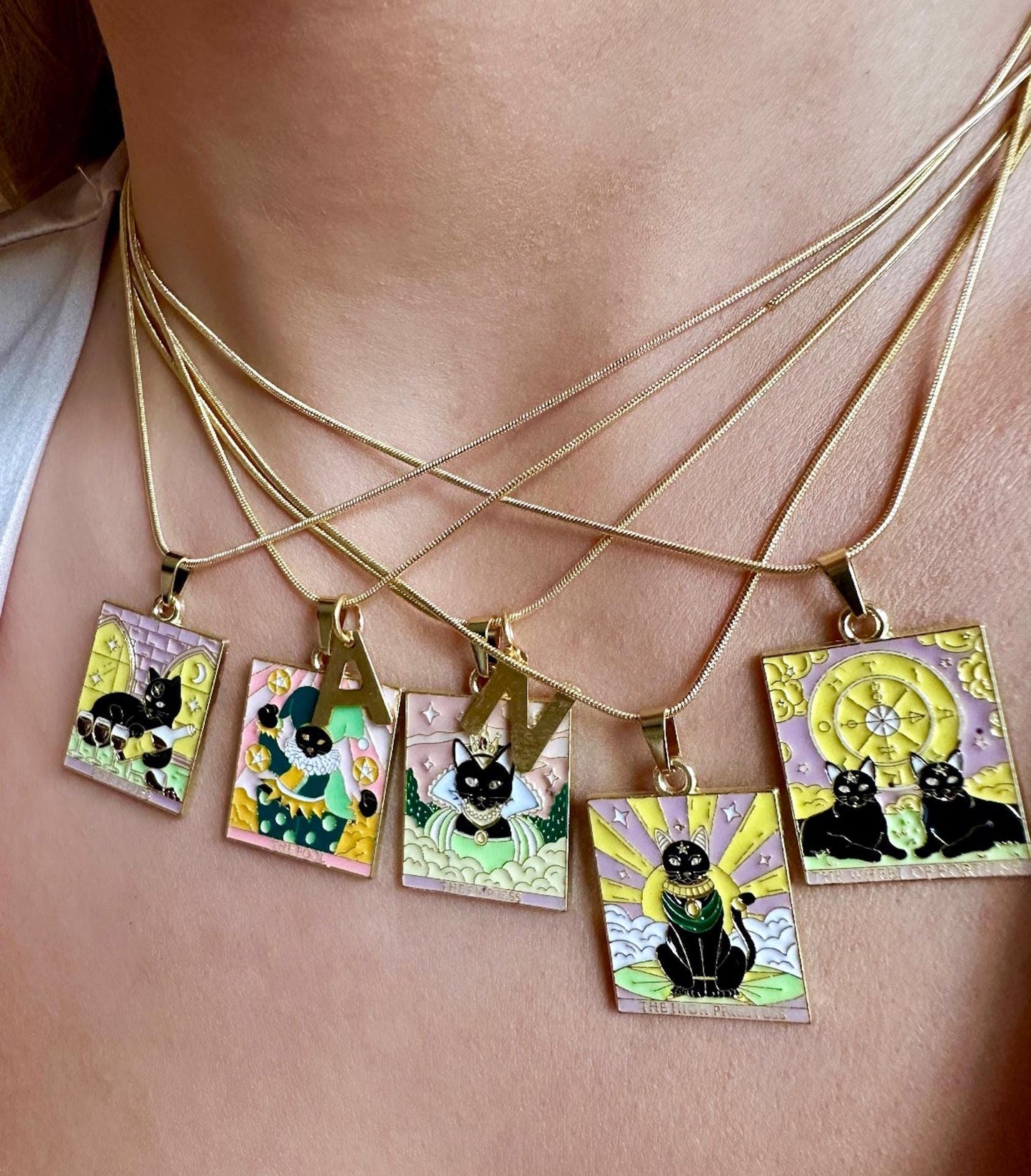 Wheel Of Fortune Necklace, Cat Tarot Necklace, Black Cat Necklace, Halloween Cat Necklace, Wheel Of Fortune Tarot, Tarot Card Necklace, Set