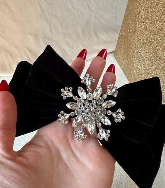 Christmas Hair Bow Clip, Snowflake Hair Bow, Black Velvet Hair Bow Clip, Festive Hair Bow, Snowflake Hair Clips, Rhinestone Hair Bow