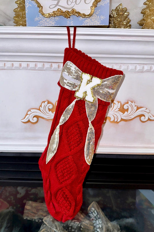 Custom Christmas Stocking Large, Red Knit Christmas Stocking, Personalized Christmas Stocking, Sequin Bow Christmas Stocking Letter Stocking