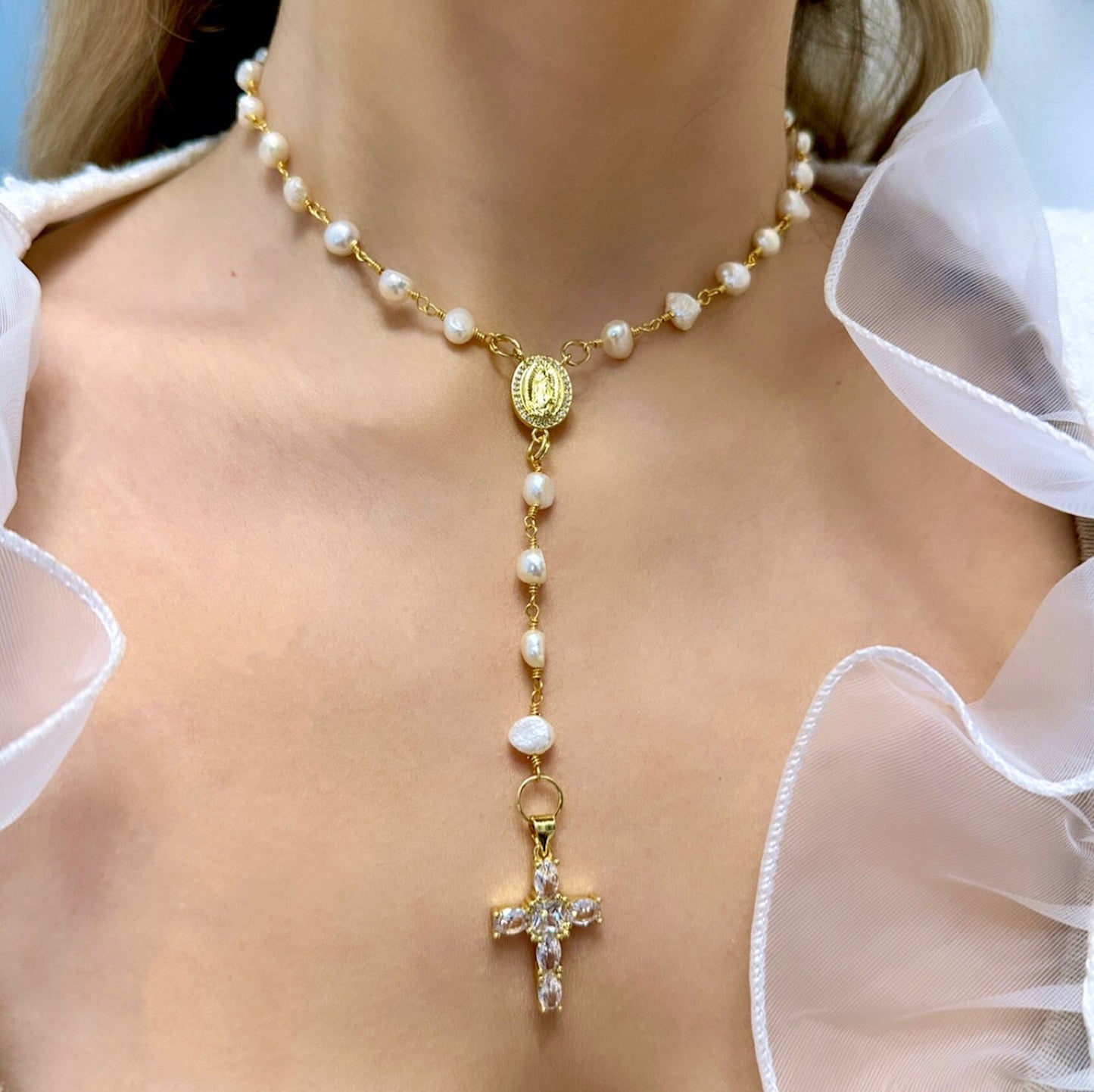 Freshwater Pearl Cross Necklace - Statement Cross Pearl Necklace - Pearl Bead Cross Necklace, Gold Filled CZ Cross Pendant, CZ Cross Pendant