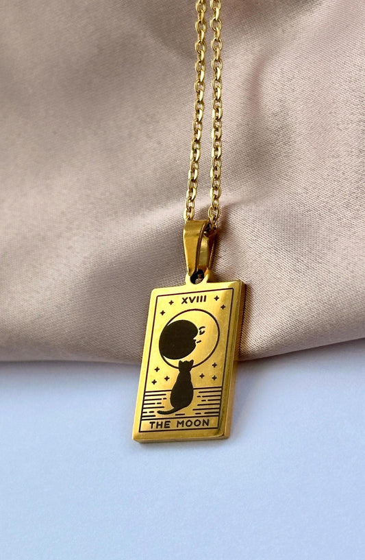 Cat Moon Necklace, Cat Tarot Necklace, The Moon Tarot Necklace, Gold Cat Necklace, Stainless Steel Tarot Card Pendant, Celestial Pendant