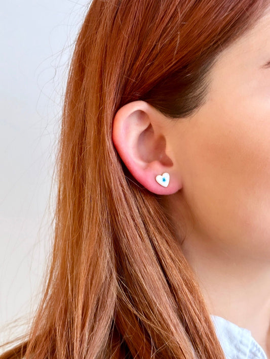 Evil Eye Stud Earrings, Evil Eye Heart Earrings, Evil Eye Studs, Tiny Heart Stud, Enamel Stud Earrings, Tiny Heart Earrings, Heart Studs