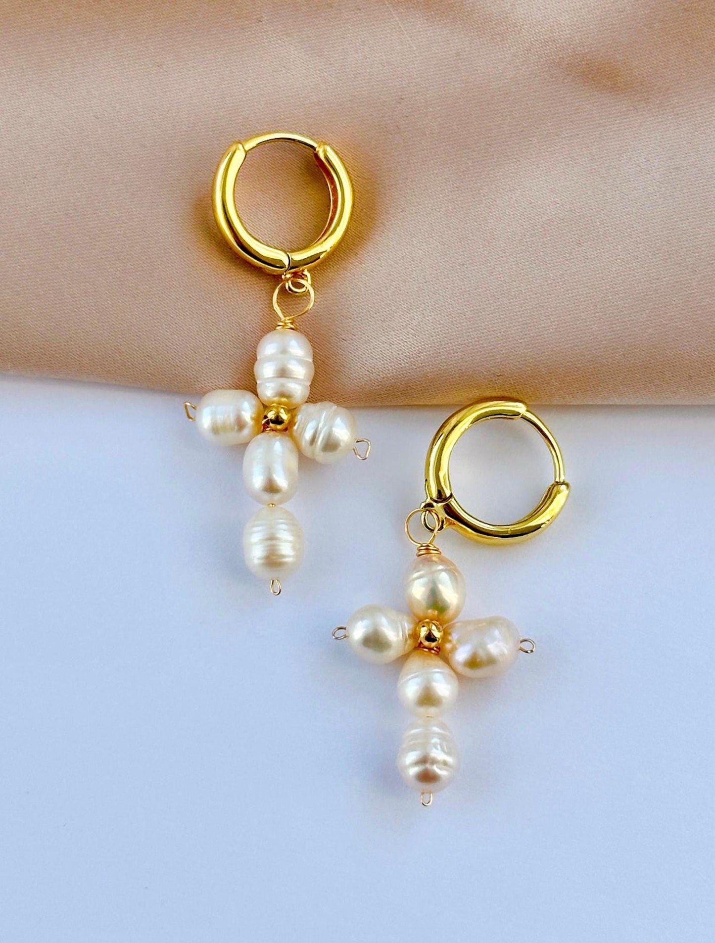 Freshwater Pearl Cross Earrings, Gold Cross Hoop Earrings, Baptism Earrings, Stainless Steel Cross Earrings, Gold Cross Earrings For Women
