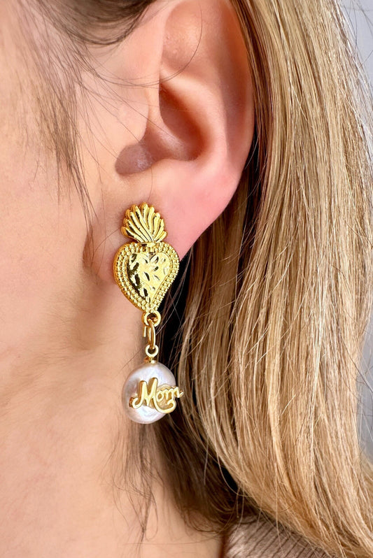 Mom Dangle Earrings, Mother's Day Earrings, Mother's Day Gift For Her, Gold Sacred Heart Earrings, Milagro Earrings Gold, Ex Voto Earrings