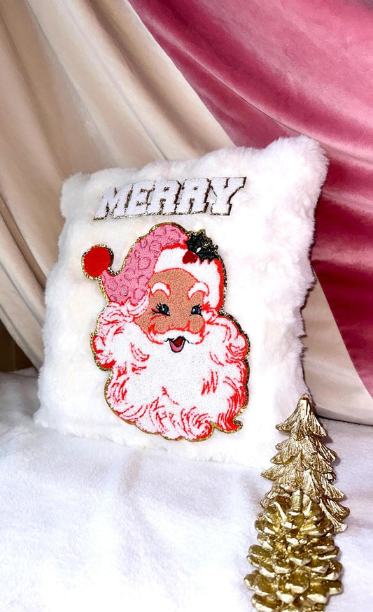 Retro Santa Pillow, White Christmas Pillows, Merry Pillow, White Fur Pillow, Christmas Cushions And Cover, Faux Fur Cushion, Christmas Decor