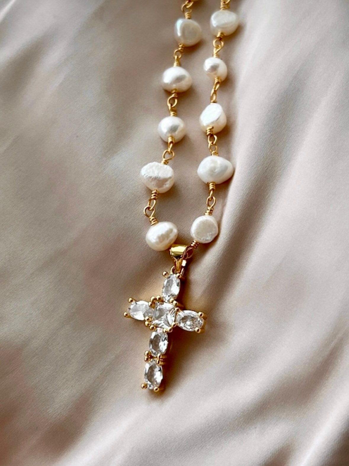 Freshwater Pearl Cross Necklace - Statement Cross Pearl Necklace - Pearl Bead Cross Necklace, Gold Filled CZ Cross Pendant, CZ Cross Pendant