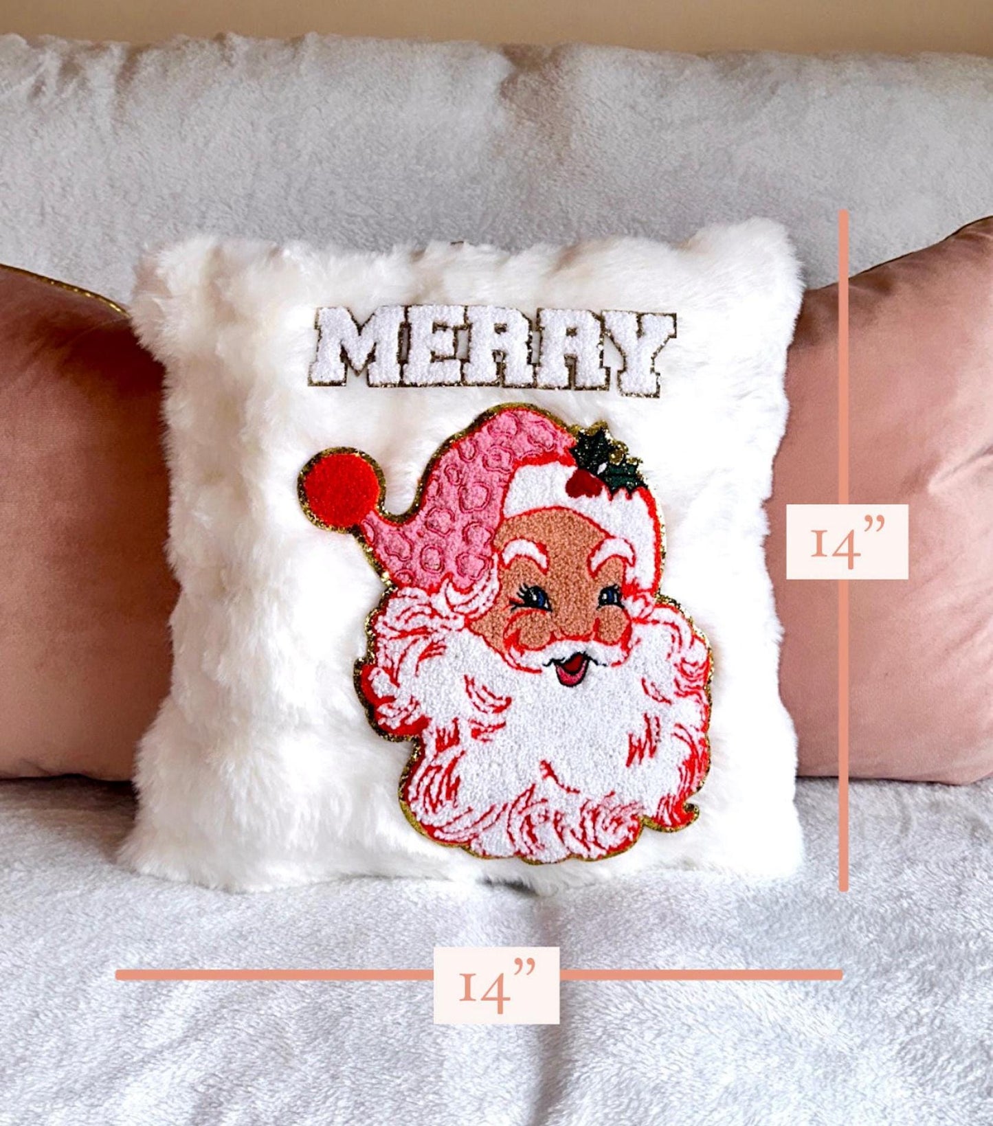 Retro Santa Pillow, White Christmas Pillows, Merry Pillow, White Fur Pillow, Christmas Cushions And Cover, Faux Fur Cushion, Christmas Decor