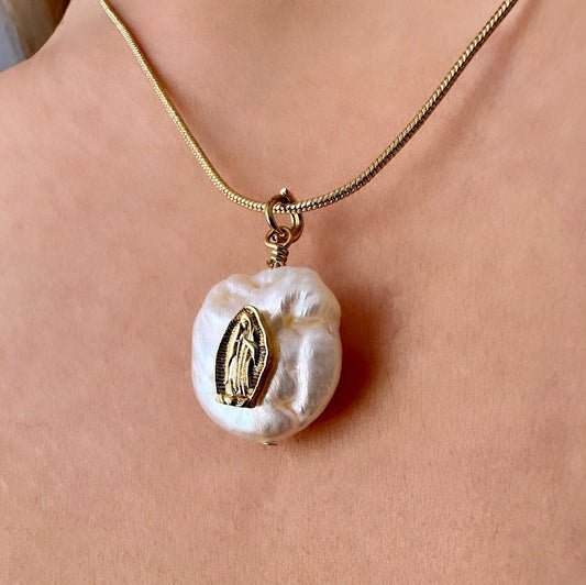 Virgin Mary Pendant, Pearl Religious Necklace, Pearl Mother's Day Necklace, Our Lady Of Guadalupe Pendant Necklace, Pearl Virgin Guadalupe