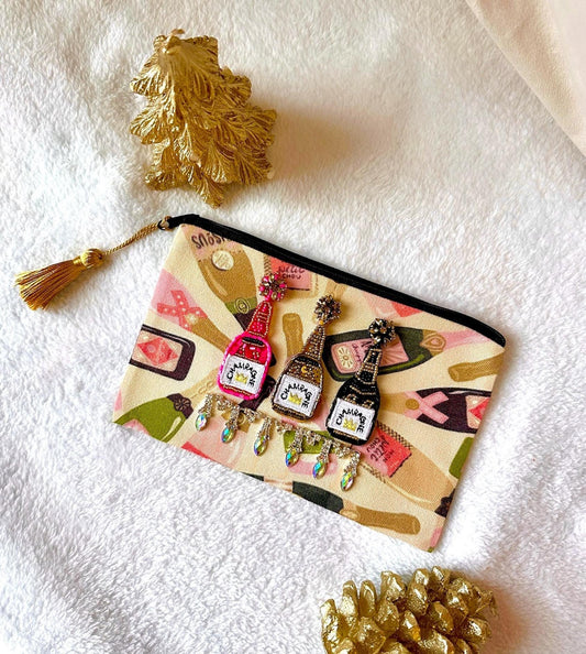 Champagne Purse, Bride Make Up Bag, Champagne Makeup Bag, Canvas Makeup Pouch, New Year's Bag, Hangover Kit Bags, Bachelorette Bags NYE gift