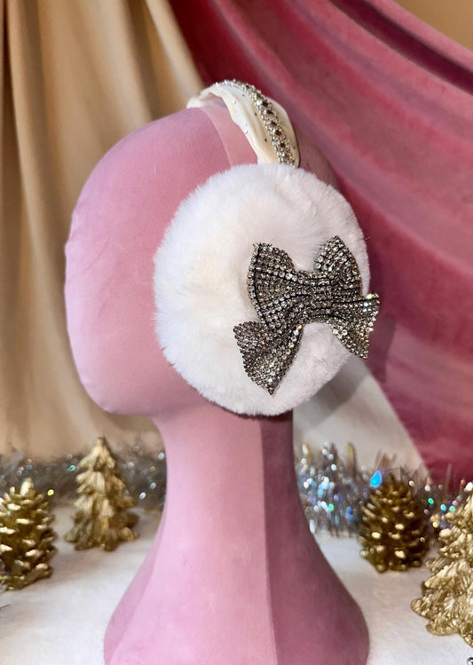 Rhinestone Ear Muffs, Christmas Earmuffs, Bow Ear Muffs, White Ear Muffs, Faux Fur Earmuffs, Faux Fur Ear Muffs, Coquette Christmas Gifts