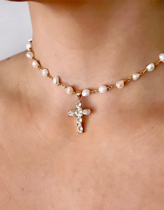 Freshwater Pearl Cross Necklace - Statement Cross Pearl Necklace - Pearl Bead Cross Necklace, Gold Filled CZ Cross Pendant, CZ Cross Pendant