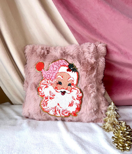 Retro Santa Pillow, Pink Santa Pillow, Coquette Christmas Pillow, Pink Christmas Pillow, Faux Fur Christmas Pillow, Pink Decor Pillows