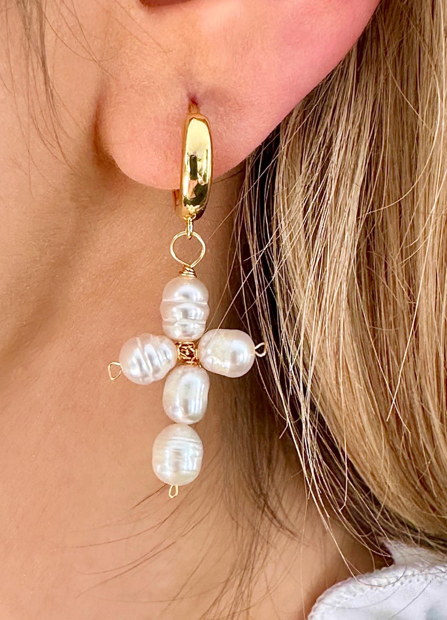 Freshwater Pearl Cross Earrings, Gold Cross Hoop Earrings, Baptism Earrings, Stainless Steel Cross Earrings, Gold Cross Earrings For Women