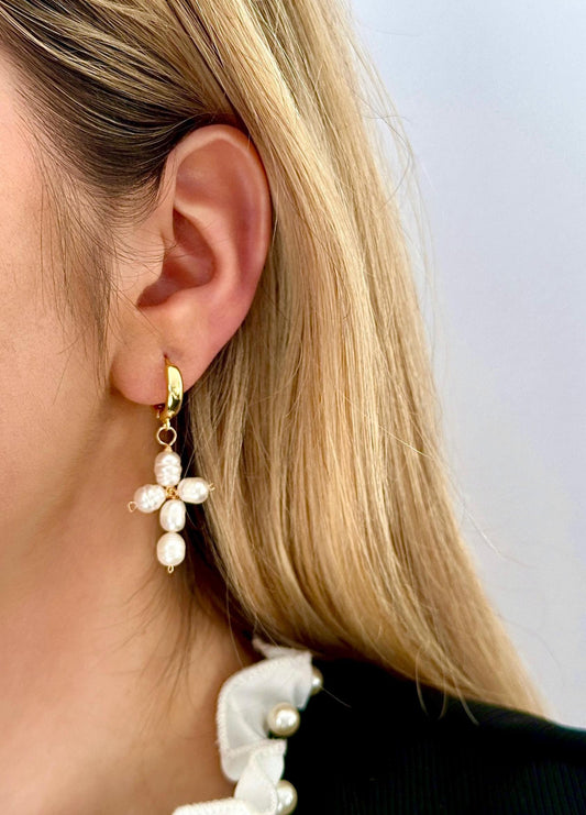 Freshwater Pearl Cross Earrings, Gold Cross Hoop Earrings, Baptism Earrings, Stainless Steel Cross Earrings, Gold Cross Earrings For Women