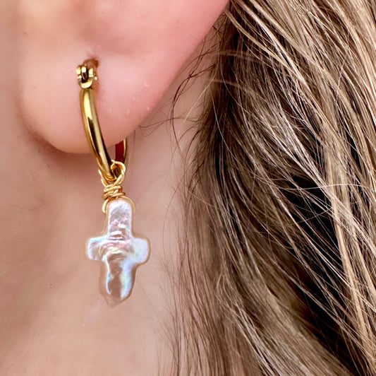 Freshwater Pearl Cross Earrings, Cross Hoop Earrings, Pearl Cross Hoop, Pearl Cross Huggie Earrings, Easter Hoop Earrings Religious Earrings