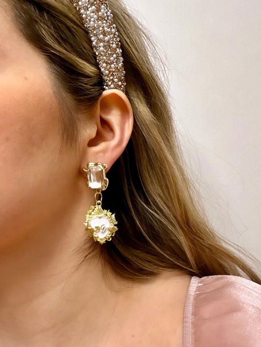 Statement Heart Earrings, Gold Sacred Heart Earrings, Enamel Sacred Heart, White Heart Earrings, Milagro Earrings, Ex Voto Earrings